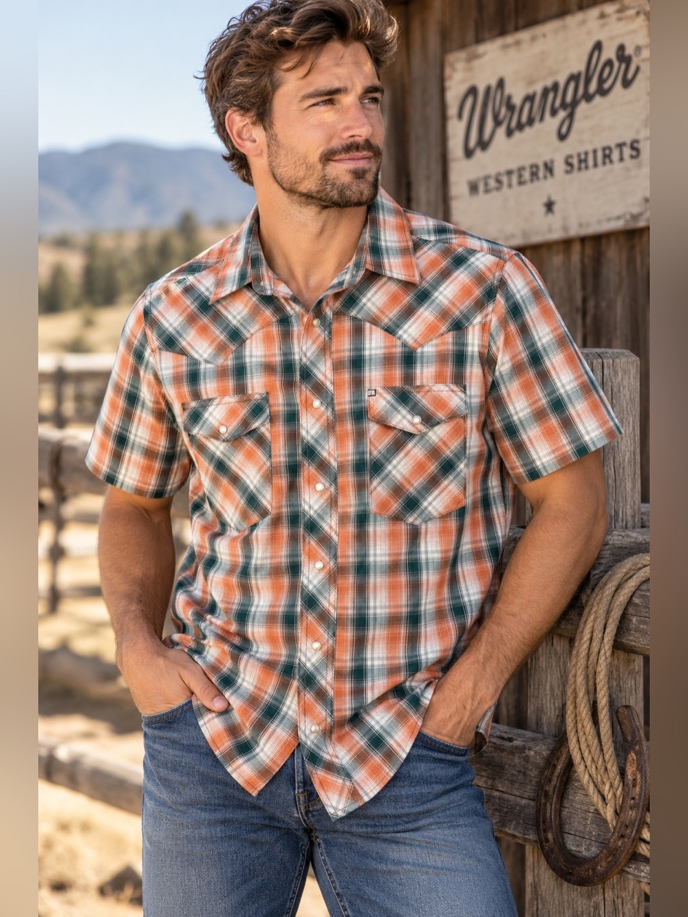 Wrangler Orange and Green Plaid Short Sleeve Western Shirt